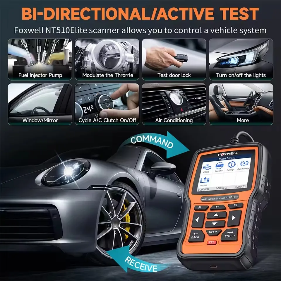 أدوات الماسح الضوئي للسيارة FOXWELL NT510 Elite Obd2 ثنائية الاتجاه جميع قارئ رمز النظام 30+ إعادة تعيين obd 2 أداة مسح تشخيص السيارات