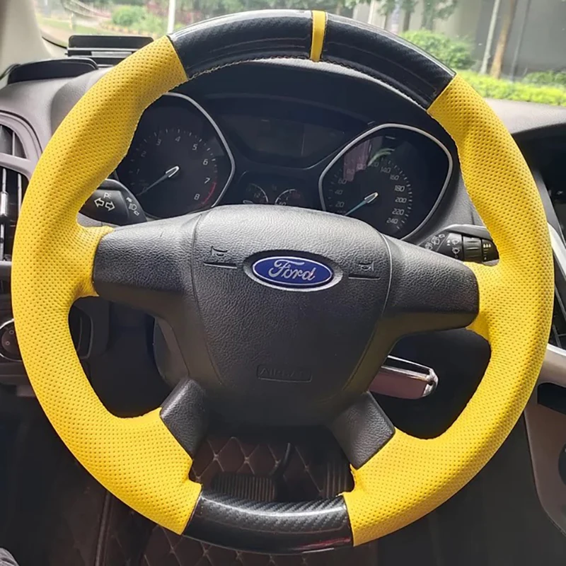 

Car Steering Wheel Cover for Ford Focus 3 2012-2014 C-MAX 2011-2014 KUGA Escape 2013-2016 Diy Hand-sewn Sewing Genuine Leather