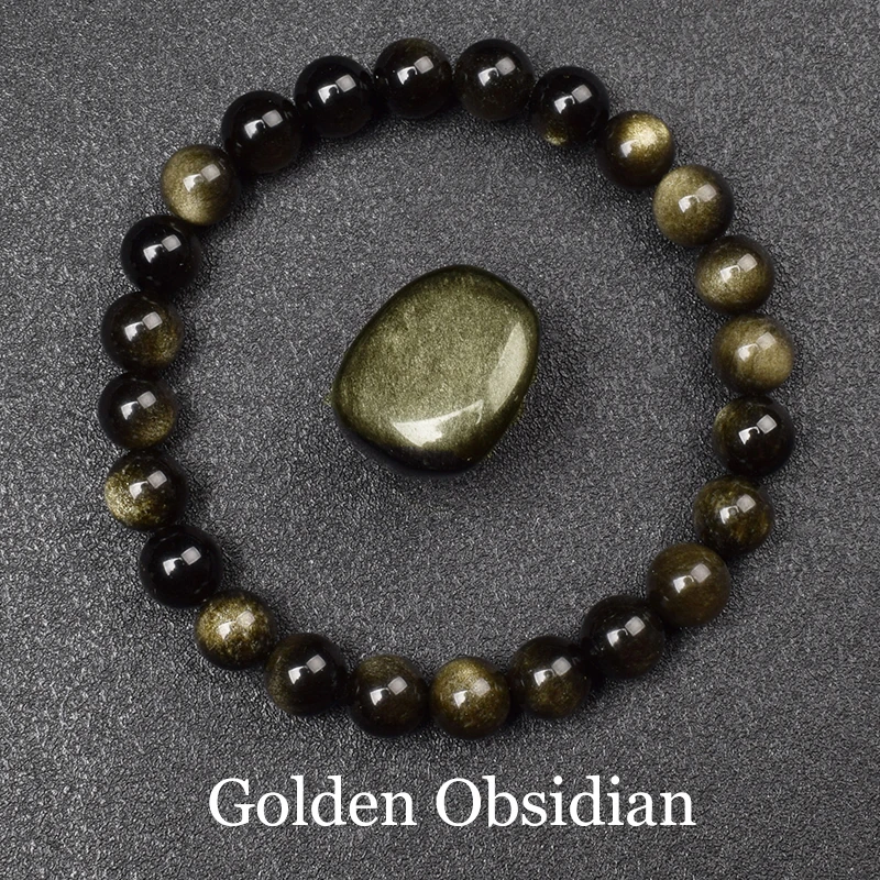 Natural Golden Obsidian Stone Beads Bracelet Men Women Golden Light Rainbow Obsidian Raw Stone Round Bead Natural Energy Jewelry