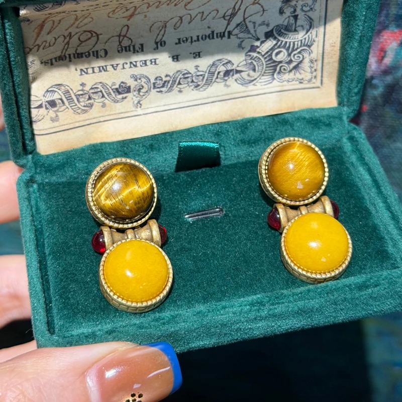 Vintage Tiger Eye Earrings Beeswax Natural Stone Dangle Antique Gold Plated Bamboo Jewelry Women Retro 2026 Music Festival Charm