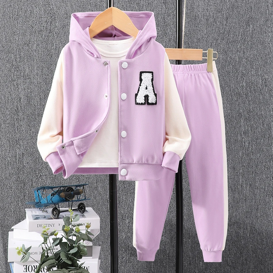 Stylish Kids Autumn Long Sleeve Hooded A-Line Color-blocked Casual Children Set Unique Patches Perfect for School Casual Events