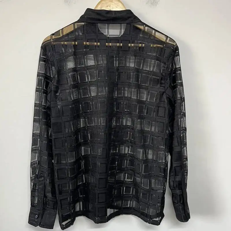 Trend New Men's Shirt Sexy Plaid Sheer Mesh Layered Design Long Sleeve Single-breasted Turn-down Collar Loose Tops ZS35