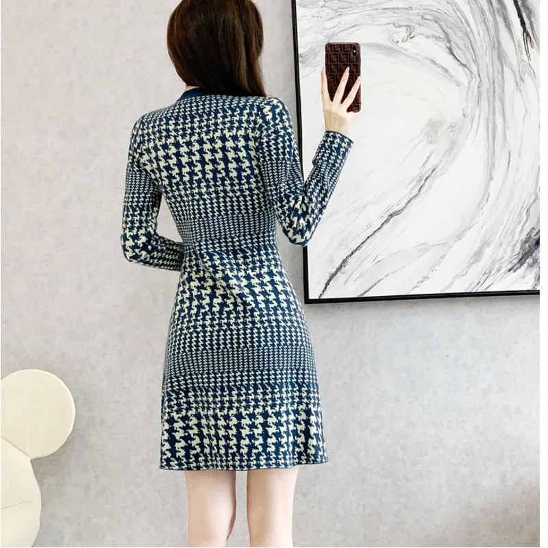 #0995 Green Plaid A-line Sweater Dress Round Neck Vintage Elegant Office High Waisted Mini Dress Women Sexy Vestidos Autumn 2023