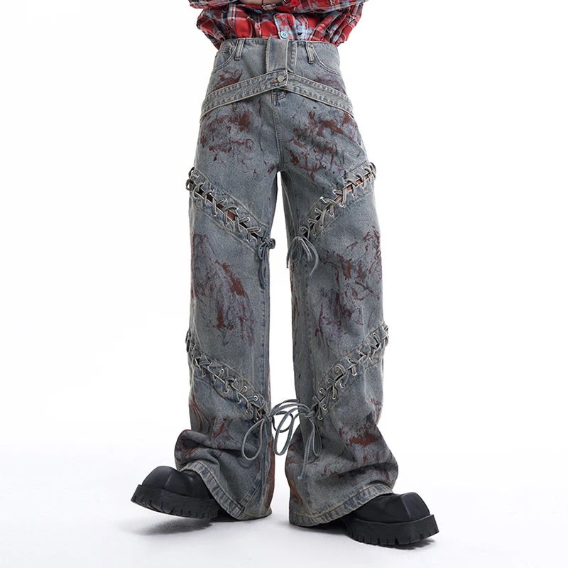 PFNW Hollowed Design Jeans Men's Korea Clothing Niche Worn Out Tied Streetwear 2024 Vintage Male Wide Leg Pants Fashion 24E2182