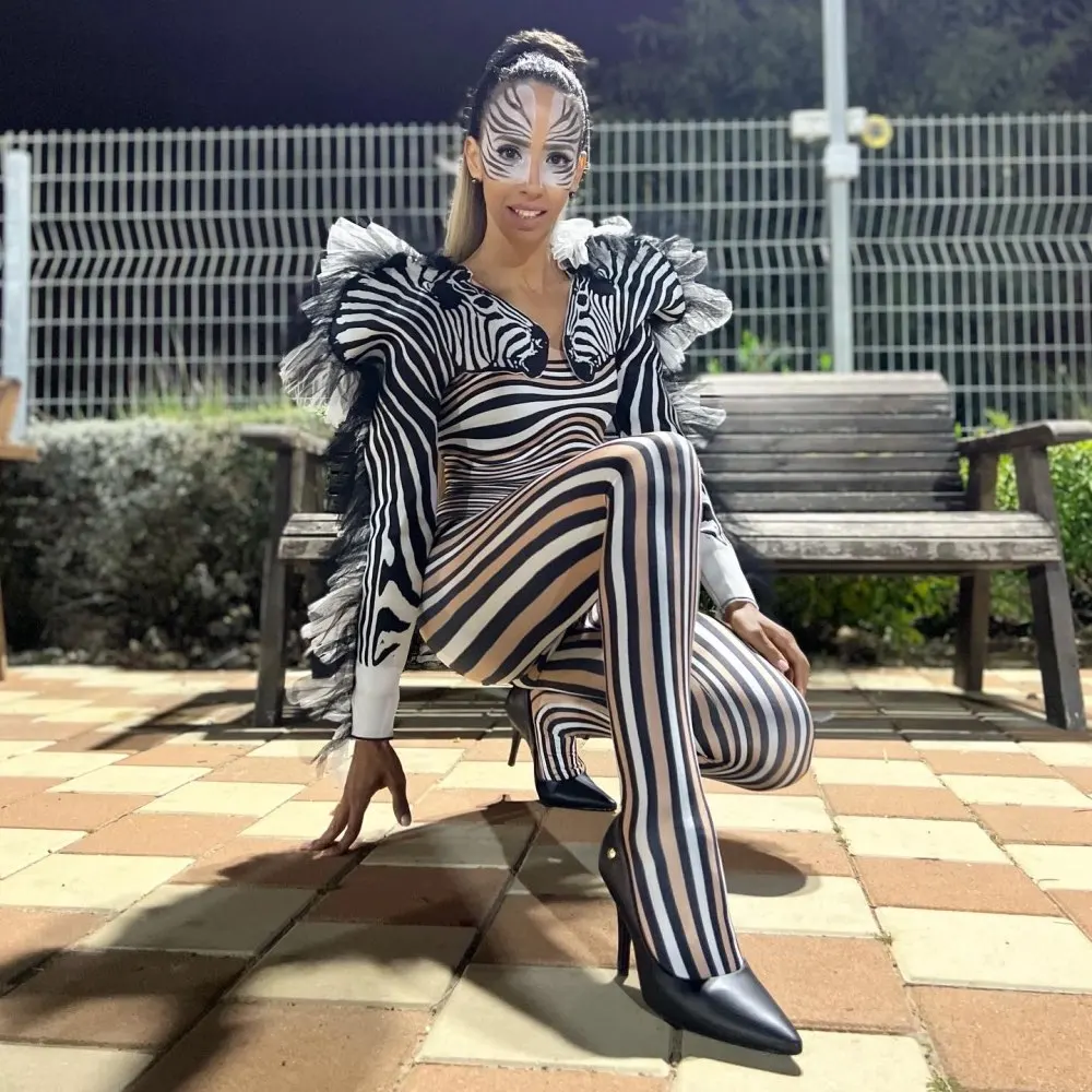 New Fashion Zebra Pattern Jumpsuit Women Singer Sexy Stage Outfit Bar DS Dance Cosplay Bodysuit Performance Show Costume