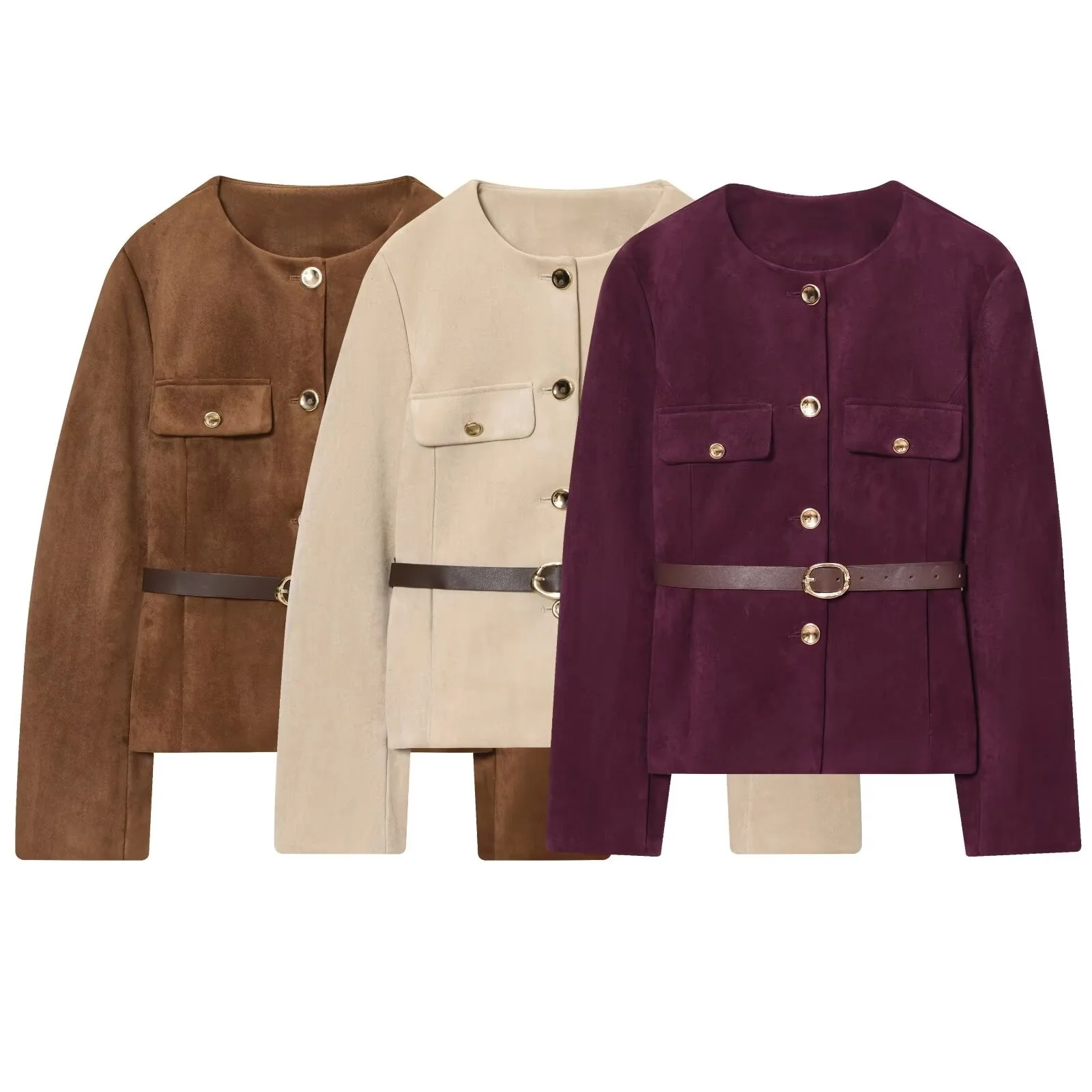 

2025 Autumn New Women's Clothing Casual Fashion Style Simple Round Neck Long Sleeve with Belt Suede Texture Effect Coat