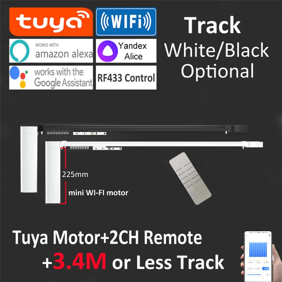 

Short Tuya Wifi Electric Smart Curtain Motor 225mm+3.4M Rod or Less,Intelligent Voice Control Alexa Google Assist Alice,RF433