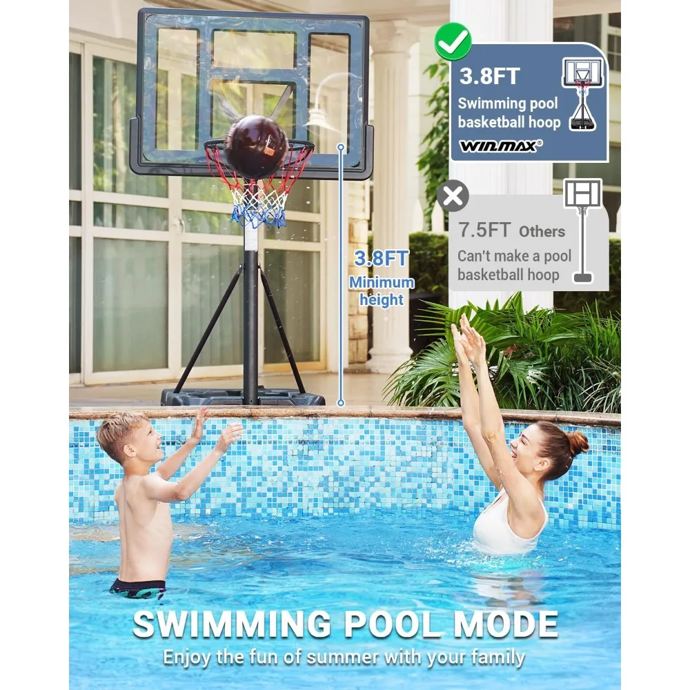 Basketball Hoop Outdoor 3.8-10ft Adjustable Height, 44inch Backboard, Swimming Pool Basketball Hoop & Goal for Kids/Adults