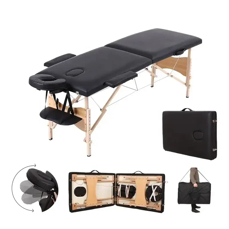 Camillas de madera portátiles para salón de belleza, cama plegable de 2 pliegues, mesa de masaje para spa, cama ligera ajustable en altura para pacientes externos