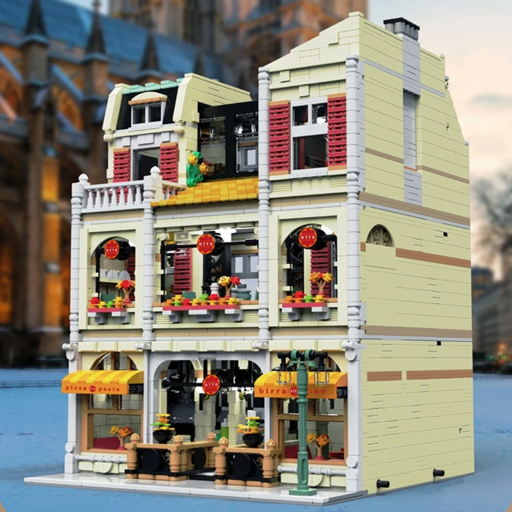 

MOC Large Scale Pizza Hut Building Blocks Set Medieval Restaurant Street View Architecture Toys Children Birthday Holiday Gifts