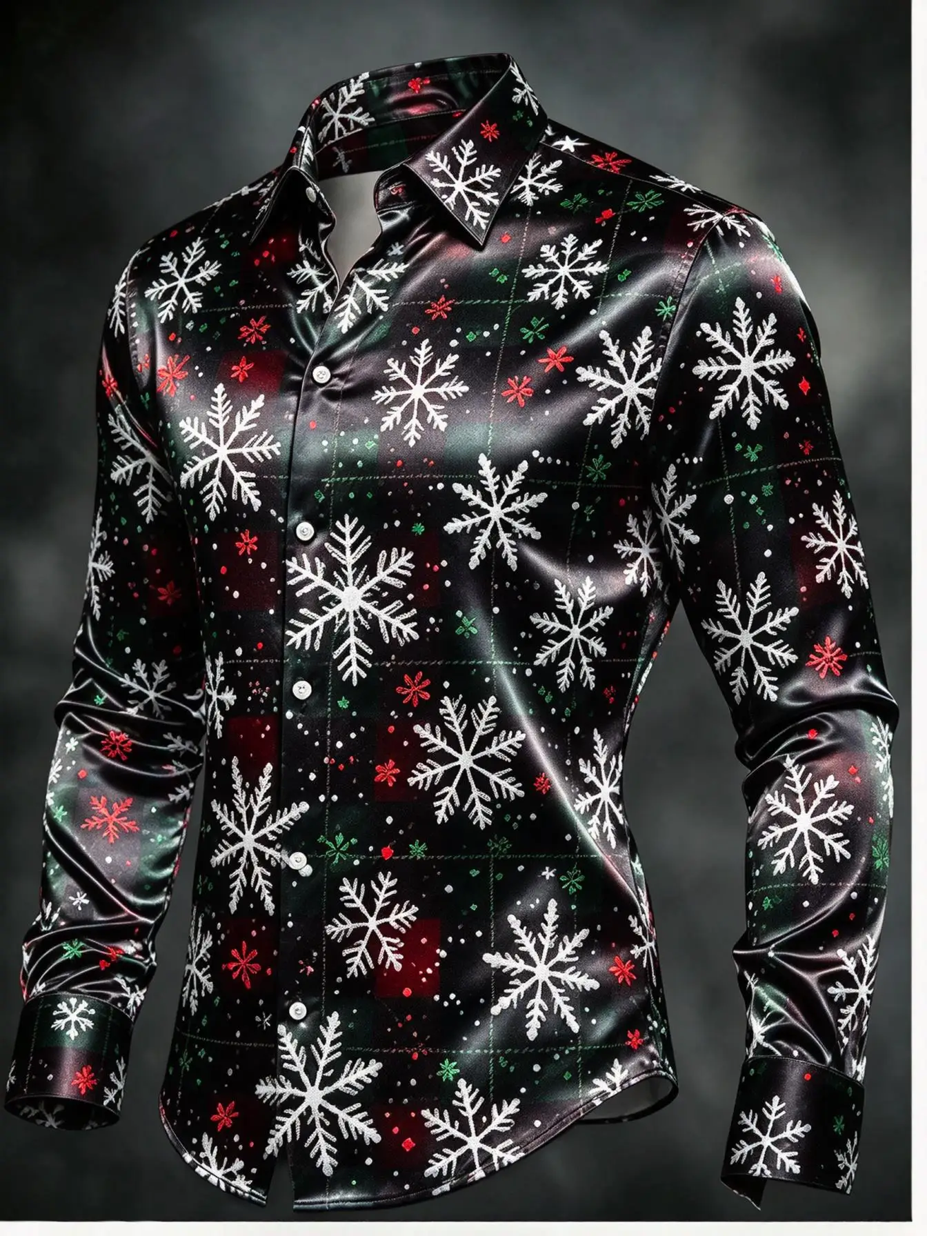 Men Christmas Long Sleeve Shirt Red Green Plaid Snowflake Print Lapel Button Up Holiday Party Dress