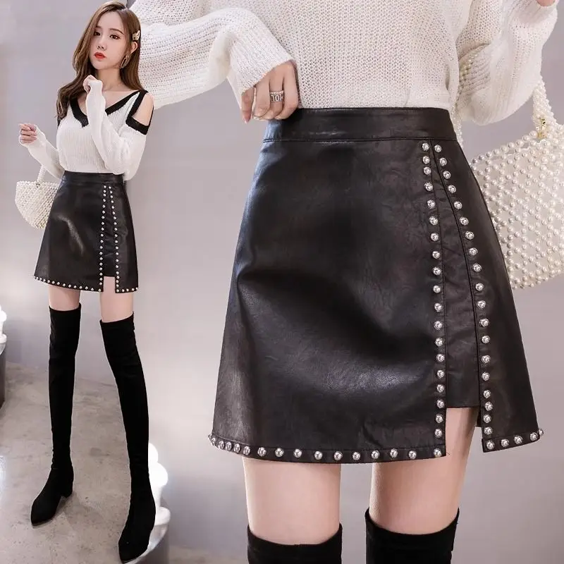 2026 Korean Style Rivet PU Leather High Waist Skirt Spring Summer Women Femme Fashion Ladies Zipper A-line Boots Skirt Culottes