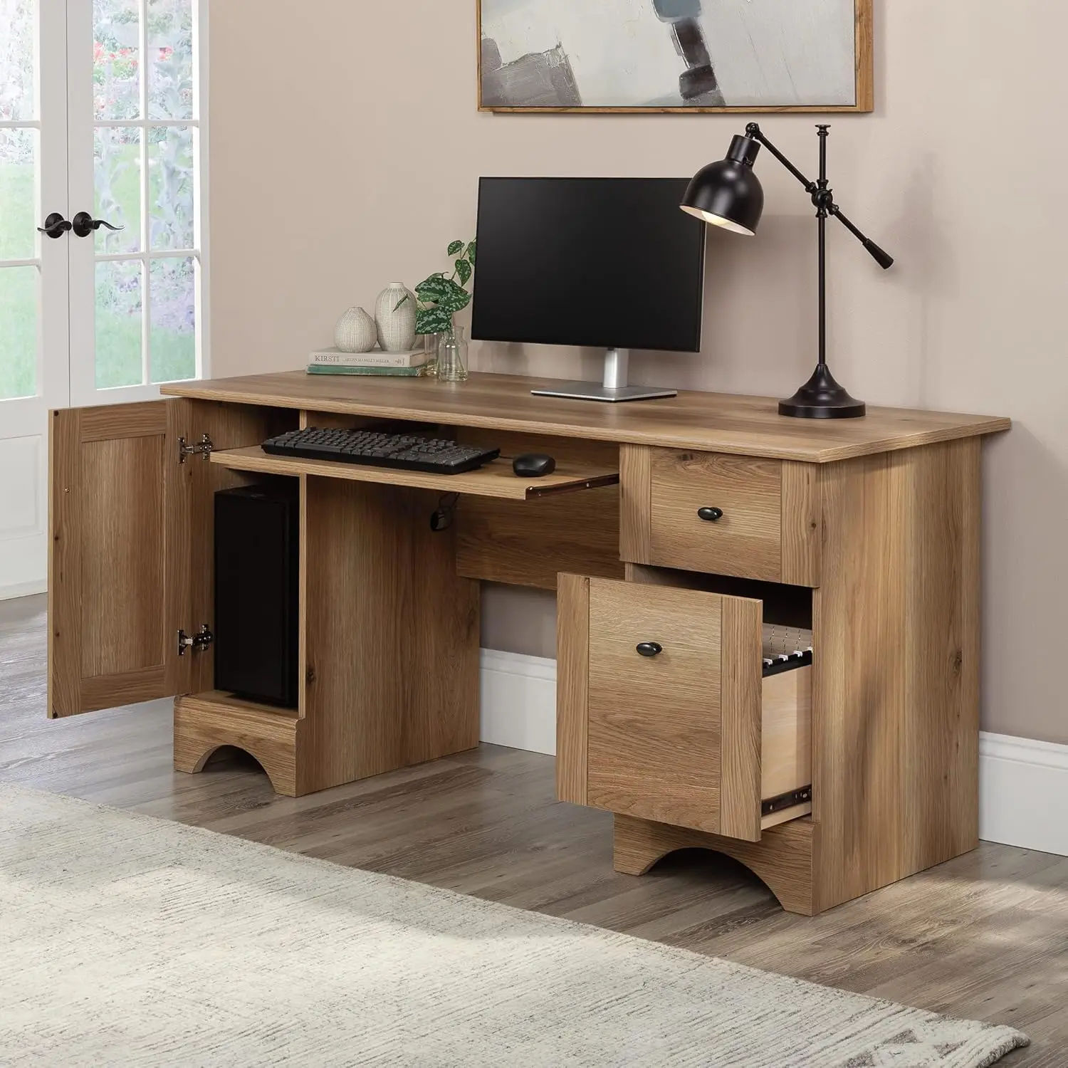 

Sauder Miscellaneous Office Computer Desk with Drawers, L: 59.45" x W: 23.47" x H: 29.02", Timber Oak finish