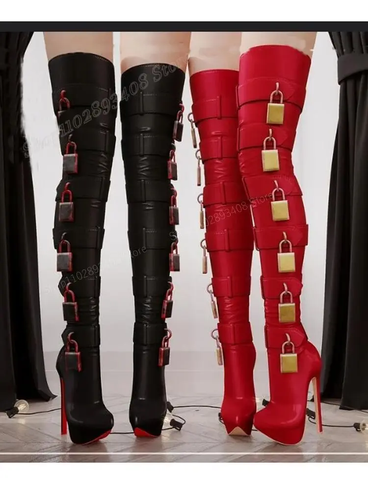 Rote Schlösser Dekor Matte Leder Overknee Stiefel Stiletto High Heel Mode Sexy Frauen Schuhe 2024 Frühling Zapatos Para Mujere