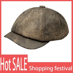 Béret d'artiste en cuir de vache Full Mars pour hommes et femmes, casquette octogonale en détresse, chapeau à visière rétro, haute qualité, automne et hiver