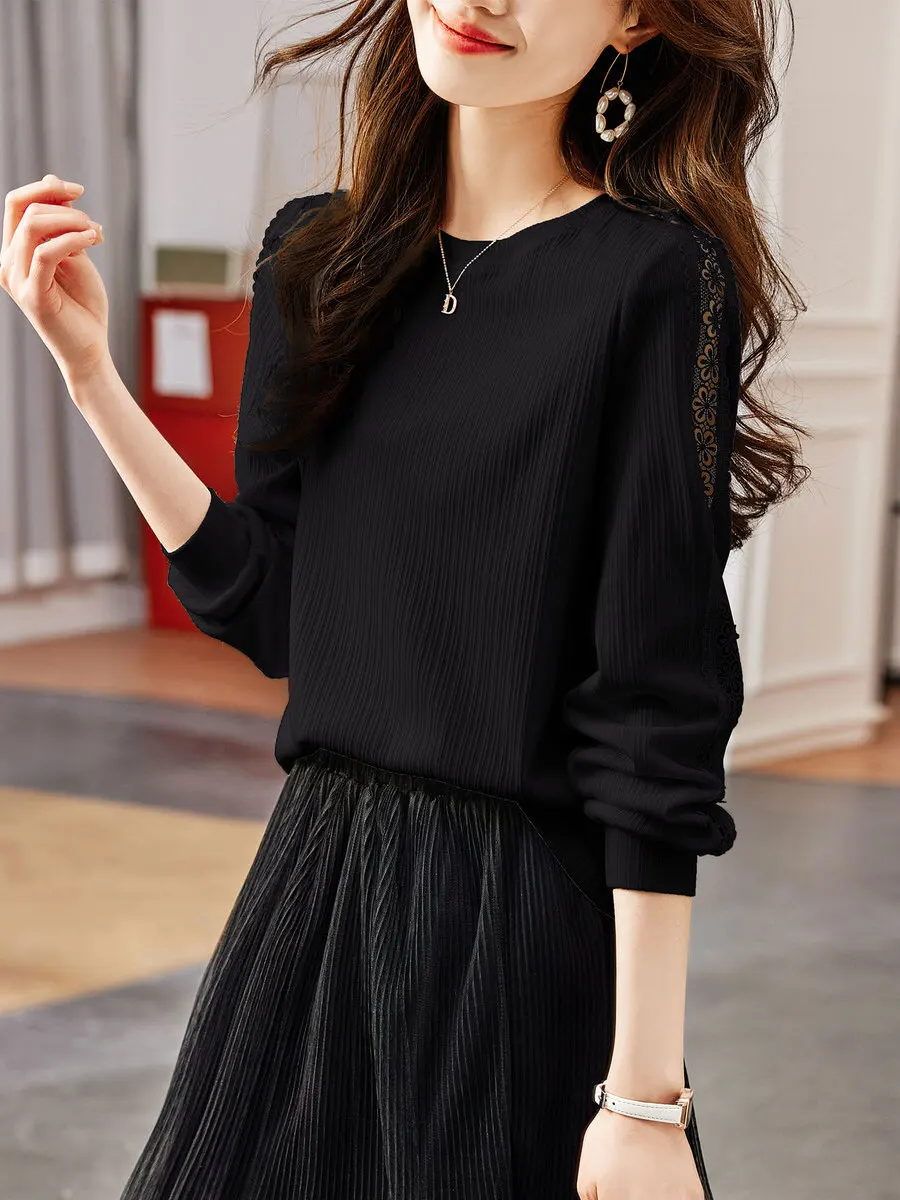 Faionable Outlet camiseta de mujer primavera otoño suave Sle versátil adelgazante Top poliéster LICRA largo Sve redondo Ne