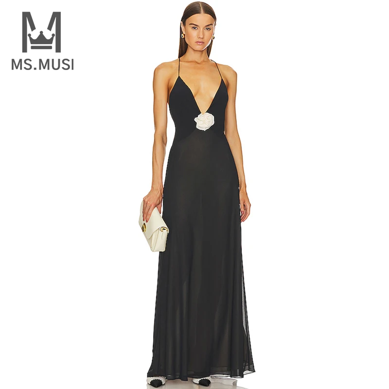 

MSMUSI 2023 New Fashion Women Sexy Strap Floral Ruffles Draped Fold Sleeveless Backless Bodycon Party Club Maxi Dress Long Gown