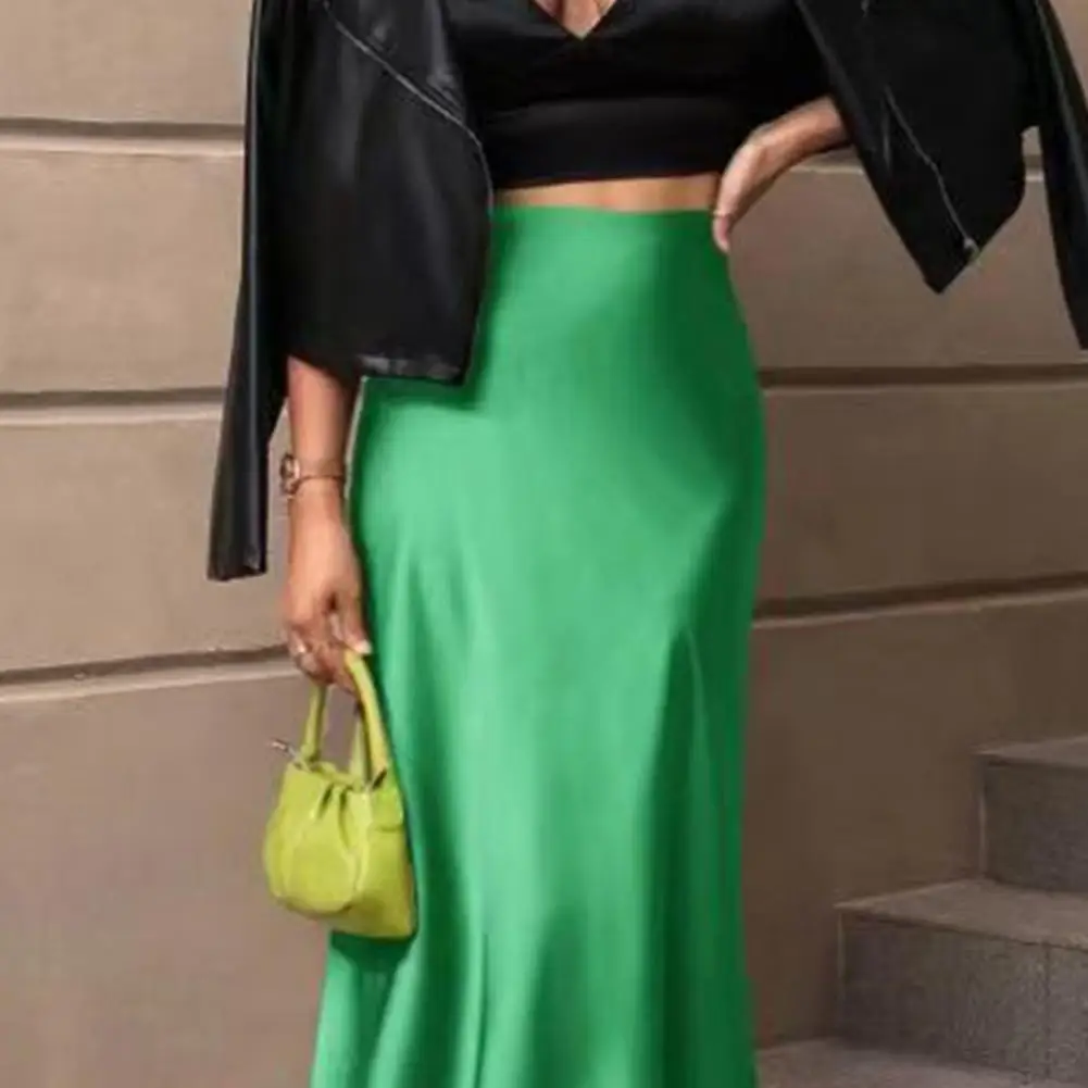 Midi Skirt Women Midi Skirt High Waist Satin Fishtail Hem Skirt for Travel Party Work Leisure Daily Wear Elegant Smooth Fabric