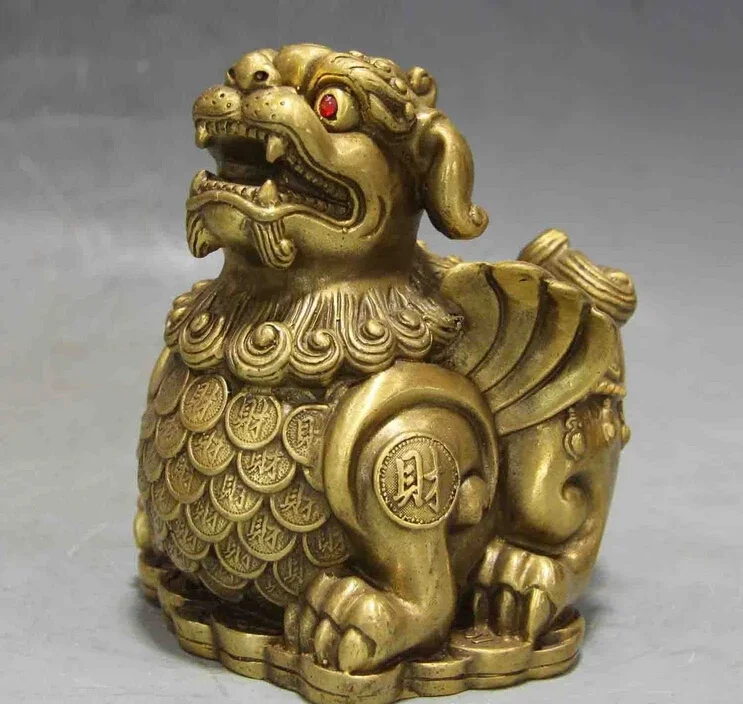 

Chinese Royal Copper Brass Feng shui Lucky Foo Dog fly Lion Kylin Beast Statue