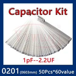Capacitor kit 0201 1pF-2.2uF 60alues*50PCS=3450pcs smd Capacity package Sample Kit 1nF 10nF 47nF 100nF 220nF 470nF 1uF 2.2uF