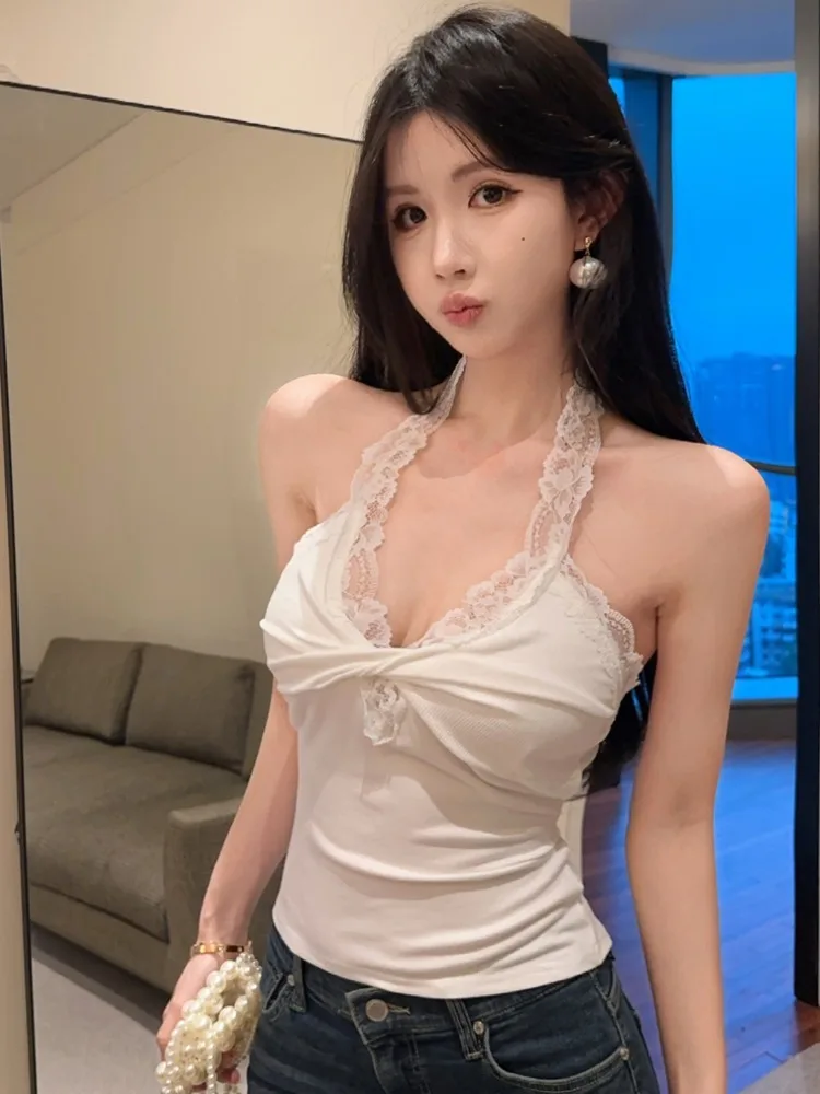 

Pure Desire Lace Halter Neck Top Summer New Style Spicy Girl Slim Fit Knot Design Base Layer Vest Women's Fashion Knitted Vest