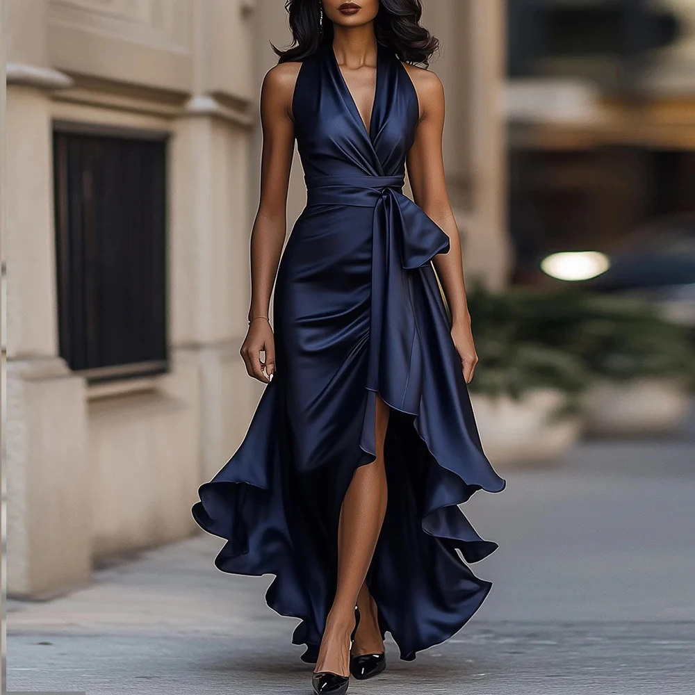 

Customized Ruffles Mother of the Birde Dresses 2026 for Weddings Navy Blue Satin Women's Evening Dress Hi Low From Party Gowns