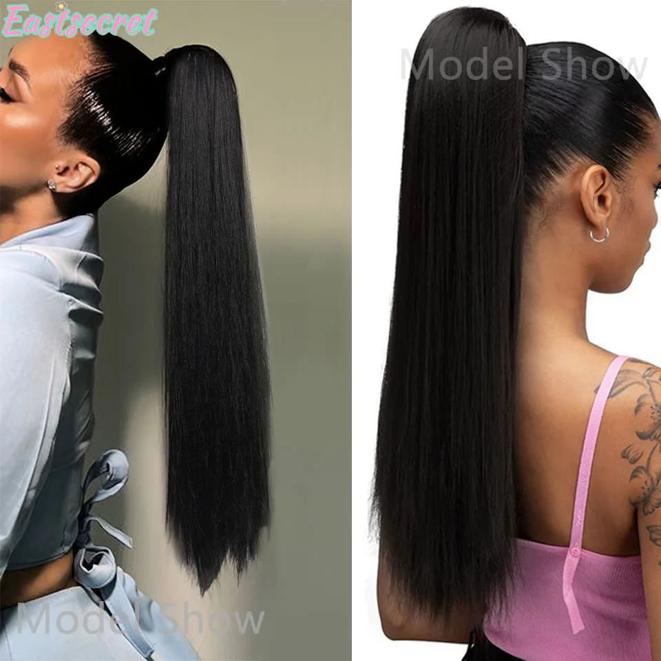 EAST10-Synthetic Long Straight Ponytail com elástico para as mulheres, envoltório em torno do rabo de cavalo preto, acessórios de extensão do cabelo