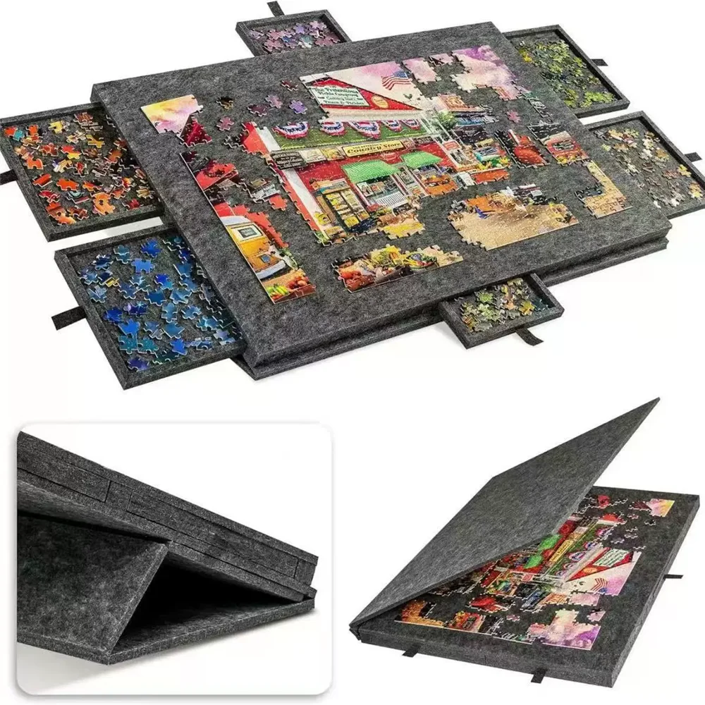1 set ruimtebesparende puzzel-opbergtafel, organizer met 6 laden en vilten bovenblad, opvouwbaar en draagbaar voor thuisorganisatie - afbeelding 2