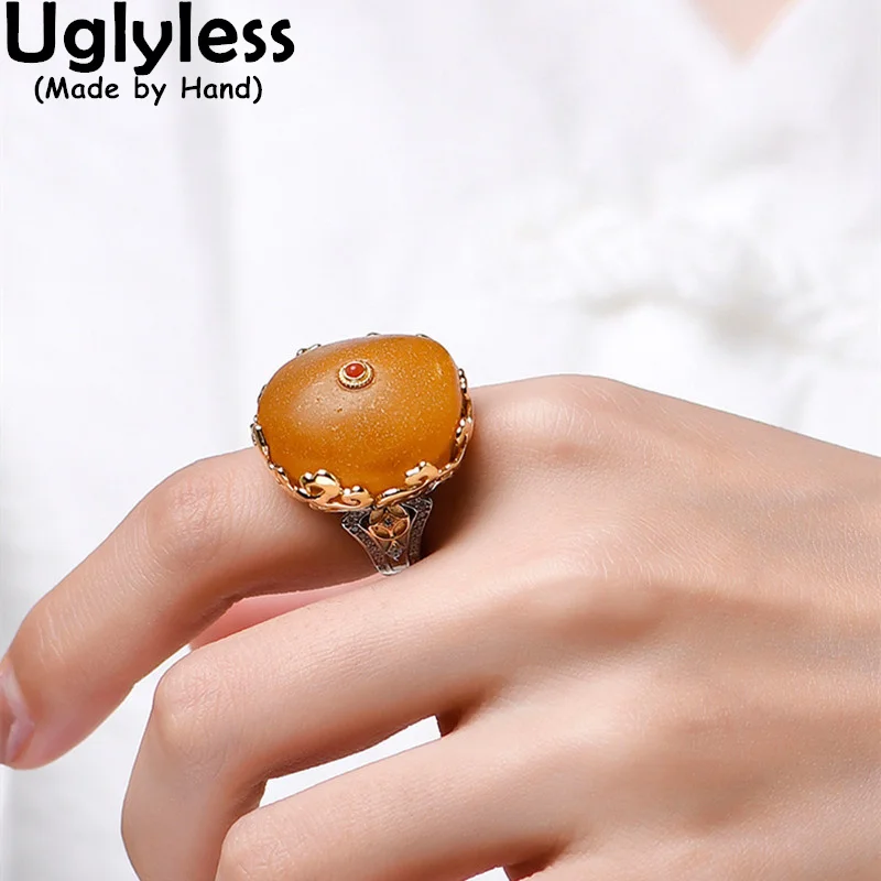 Uglyless Natural Jelly Amber Beeswax Rings for Women Big Gemstone Button Rings Gold Plated S925 Silver Jewelry Retro Huge Ring