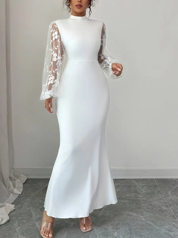 크리스마일 여성용 우아한 이브닝 하이넥 드레스 2026 바디콘 화이트 가운 시어 메쉬 소매 포멀 파티 섹시 시크 맥시 드레스