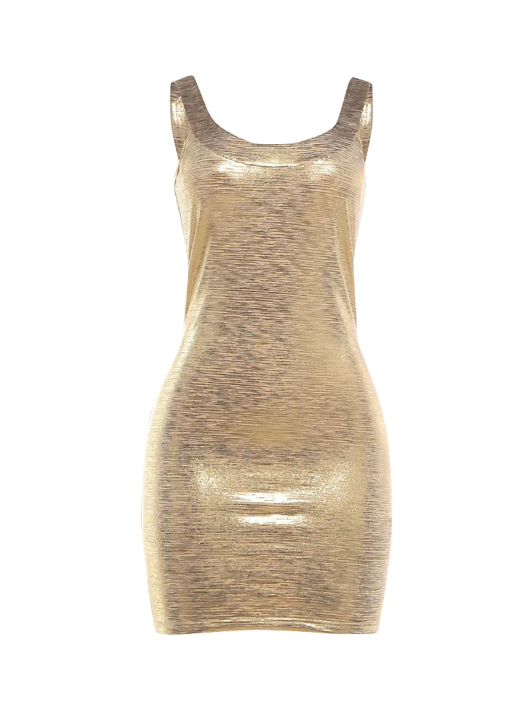 Kliou Sexy Glänzendes Goldenes Kleid Damen Sommer-Trend Tiefer Ausschnitt Rückenfreies Ärmelloses Figurbetontes Pfirsichfarbenes Hüftbetontes Mitternachts-Club-Party Mini-Bodycon-Kleid – Detail 2
