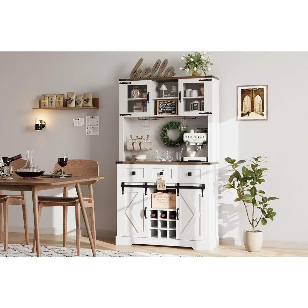 Mobile bar da fattoria da 72 pollici con anta scorrevole per fienile, buffet da cucina alto con cassettiera portaoggetti e 3 cassetti