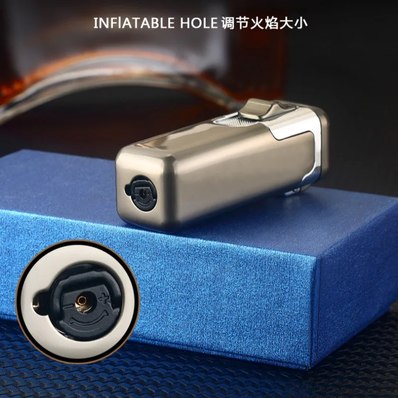 Novel Quad Jet Blue Flame Cigar Lighter Fashionable Metal Butane Gas Lighter Premium Men's Festival Gift Outdoor Practical Tool view 4