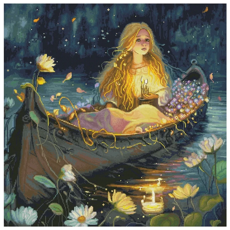 

Night Mooring Flower Boat Patterns Counted Cross Stitch 11CT 14CT 16CT 18CT Cross Stitch Kits Embroidery Needlework Set Crafts