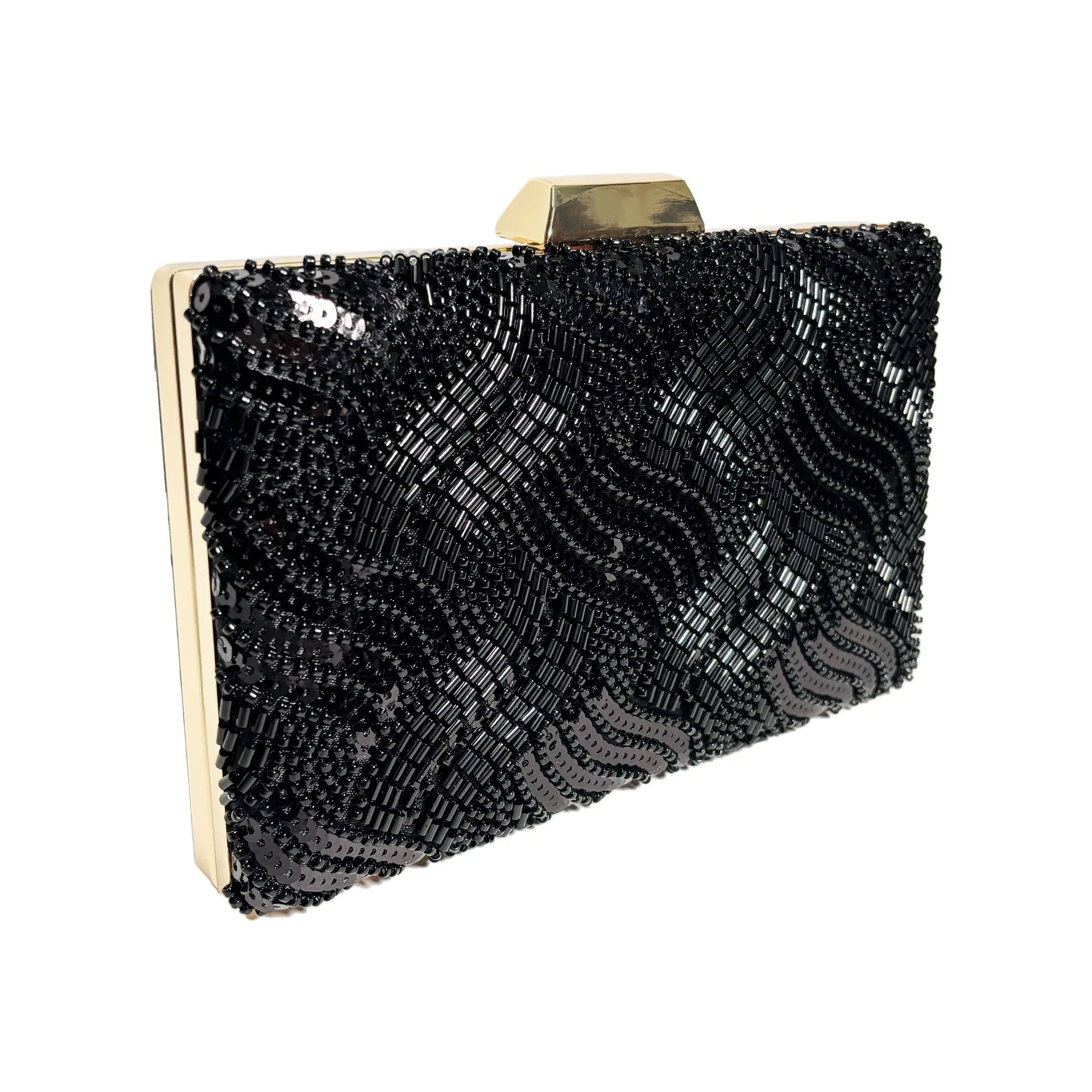 Black Beaded Wave Clutch, Hard Frame Evening Bag For Wedding Party, Formal Banquet Purse For Mature Middle Aged Ladies Sac Femme