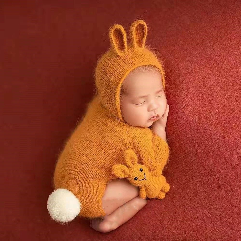Newborn Photography Props Rabbit Knit Baby Photo Outfit Set Infant Photo Costume Bunny Hat Doll Newborn Photo Shoot Accessories