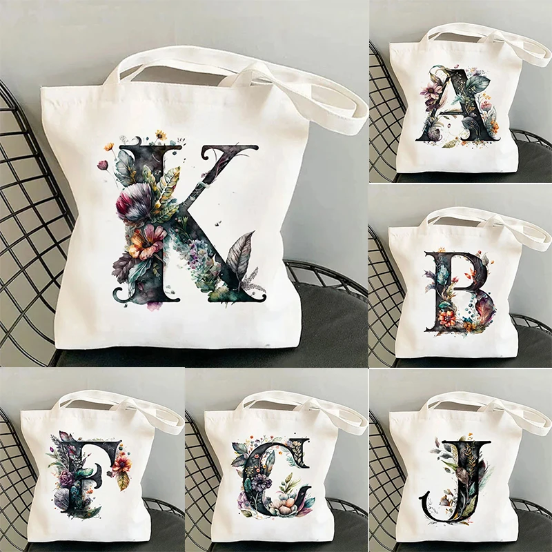 26 Black Alphabet Flower Tote Bags for Women Large Capacity Canvas Casual New Shopping Printed Reusable Handbag Eco Bag