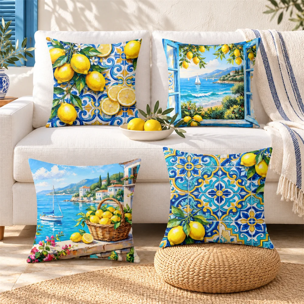 Amalfi Coast Lemon Cushion Cover Soft Short Plush Pillow Cases Hidden Zipper Cutecore Sofa Bedroom Home Decor Gift