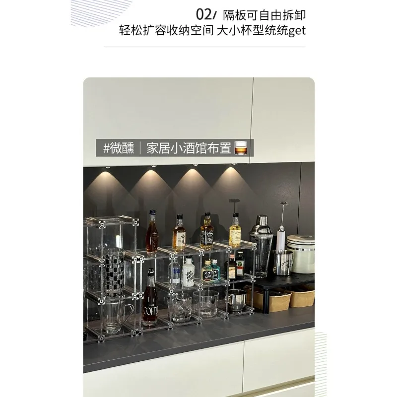 رف تخزين النبيذ على الزجاجات الصغيرة لسطح المكتب، رف عرض شفاف لزجاج النبيذ، تخطيط بيسترو عائلي