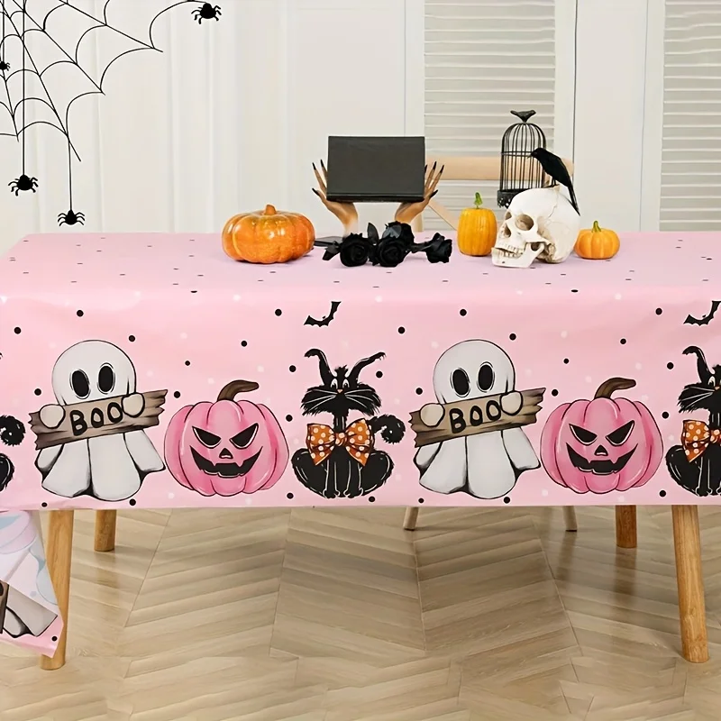 1 piece of Halloween tablecloth - Pink with black dots, featuring holiday pumpkins and ghosts designzyc