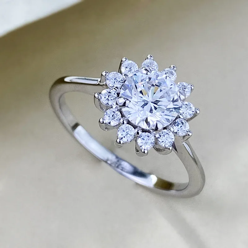 Fashion Jewelry S925 Silver Ring 6mm Zircon Set with Sunflower Style Fashion Ring Boutique Wedding Versatile Women's Jewelry