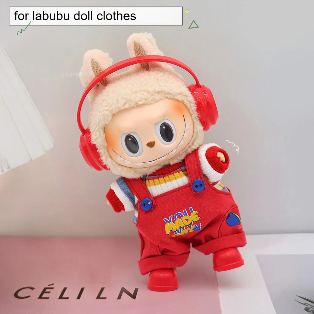 

For 15-17 cm Labubu Doll Clothes Ropa Labubu V1 V2 V3 Cute Rainbow Red Top Overall Set Cute Dress Up Toy Doll Accessories