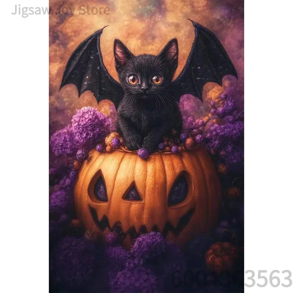 Halloween Jigsaw Puzzle, Bat Wing Black Cat, Witch Hat Kitten, Wizard Golden Retriever, Pumpkin Bunny, 500-2000Pcs