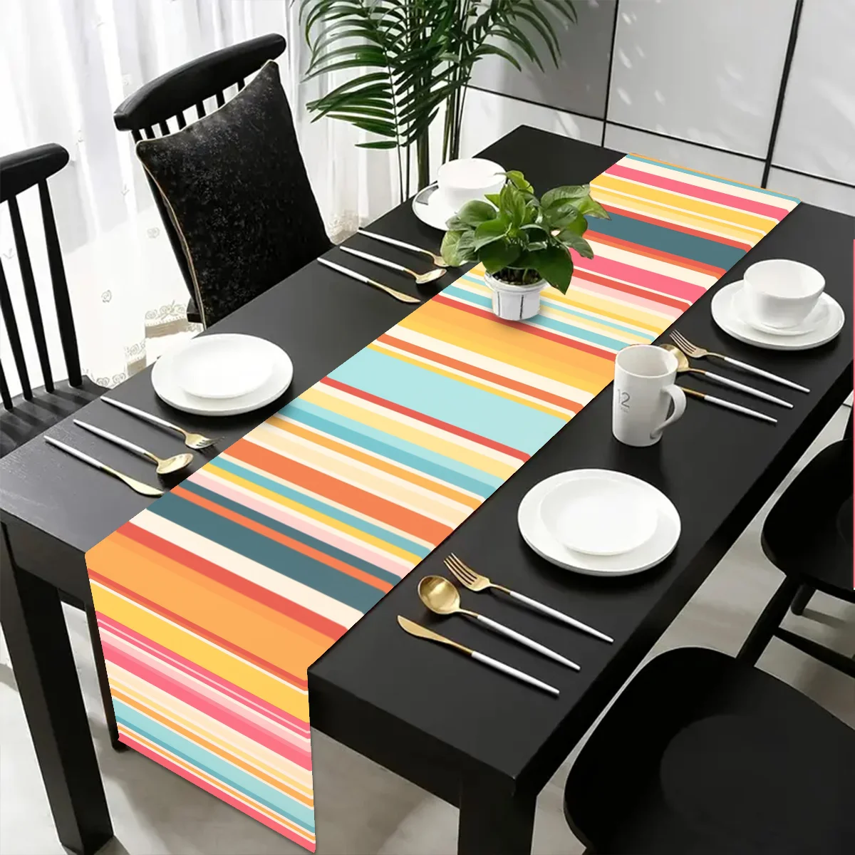 1pc Retro Rainbow Stripe Table Runner Single Sided 2D Print Vibrant Home Kitchen Dining Room Summer Vibe Decor Party Table Decor
