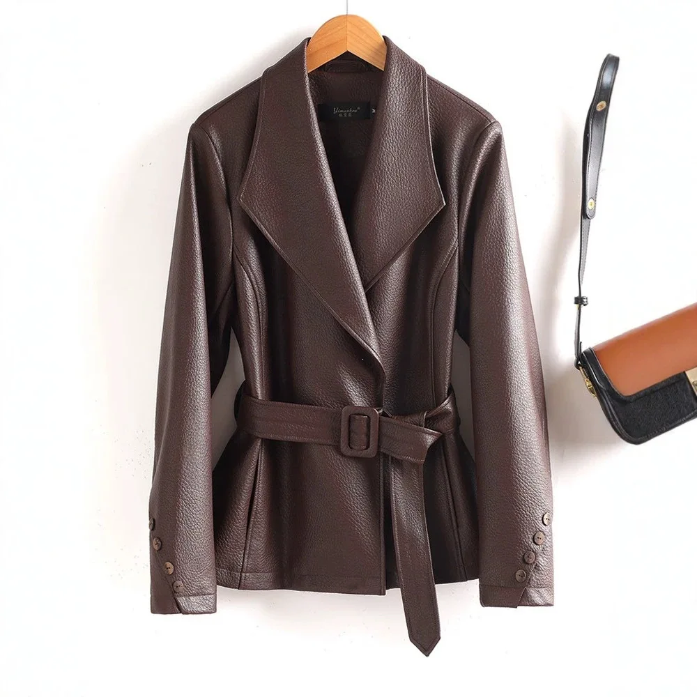 Lamb Leather Jacket Women's Autumn 2026 Style Stand Collar Belted Large Size Top Fashionable Casual Outerwear Coat