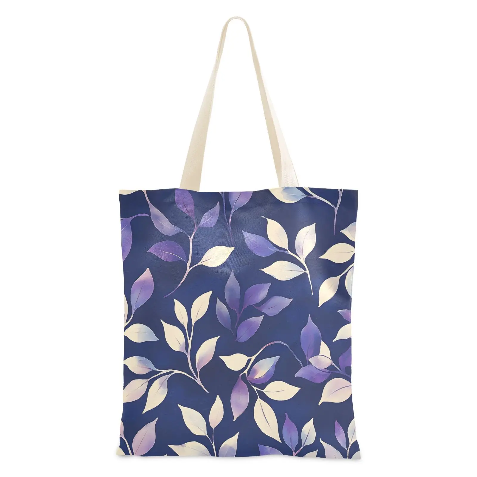 1pc Purple Blue Watercolor Leaf Tote Bag, Reusable Shopping 