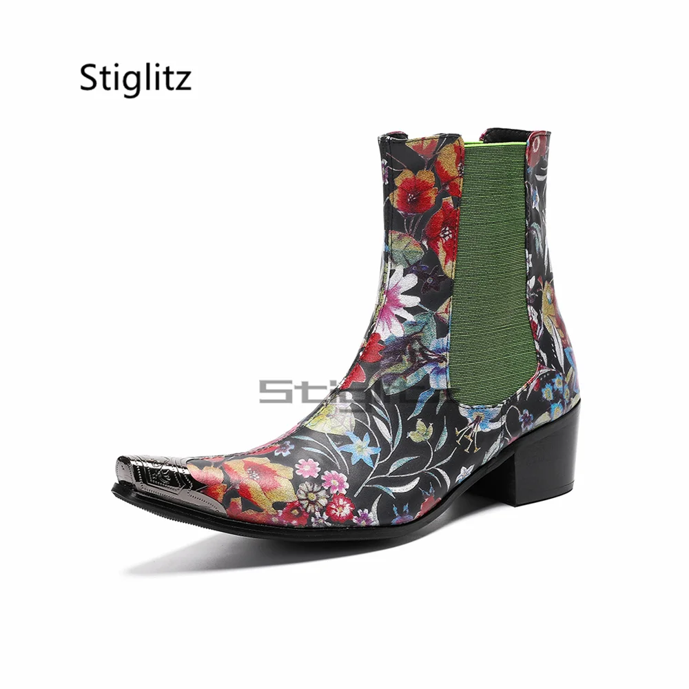 Men's High Heels Flowers Print Chelsea Boots Pointed Metal Toe Stretch Band Ankle Western Boots Trendy Dress Party Shoes