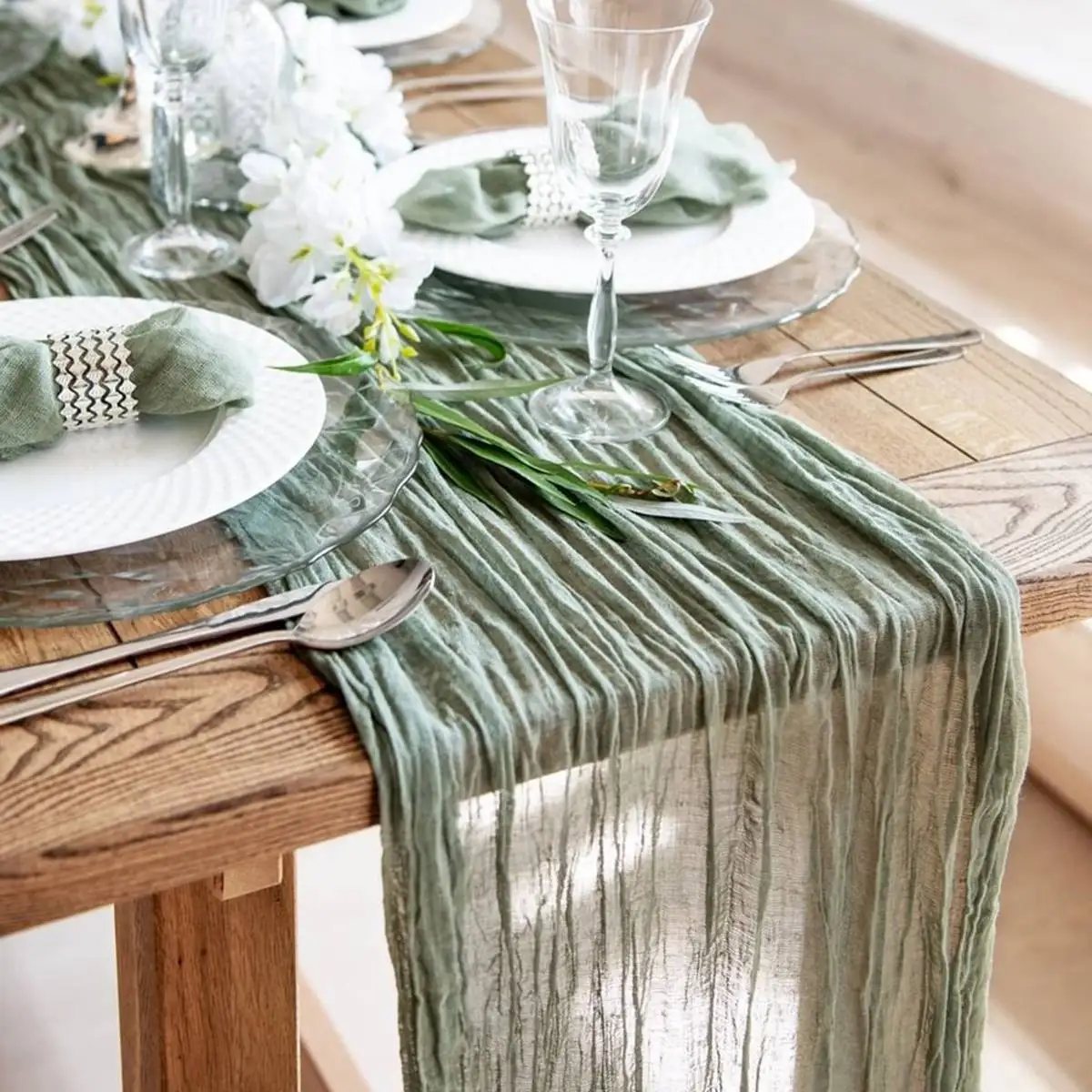 Semi-Sheer Gauze Table Runner Sage Cheesecloth Dining Rustic Wedding Birthday Decoration Christmas Banquets Arches Cake Decor