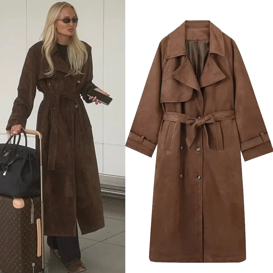 

Осень-зима новая женская универсальная двубортная длинная куртка с поясом модная женская повседневная ветровка