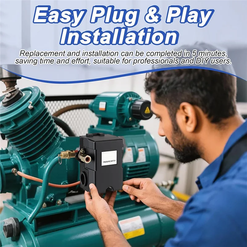 ضاغط هواء ABIY 135-175 مفتاح ضغط 4 منافذ 20 أمبير مع صمام تخفيف أمان 200 رطل لكل بوصة مربعة، استبدال مفتاح ضغط NPT 1/4 بوصة